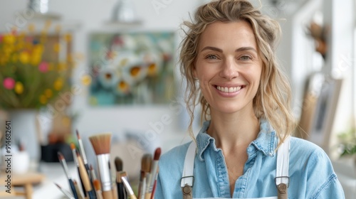 A cheerful artist smiling and holding a bunch of various paint brushes in a bright and colorful studio, with art supplies and artworks in the background. photo