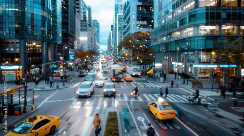 A vivid depiction of a bustling city street filled with traffic and pedestrians during the evening rush hour, with bright lights and tall buildings creating an energetic atmosphere.