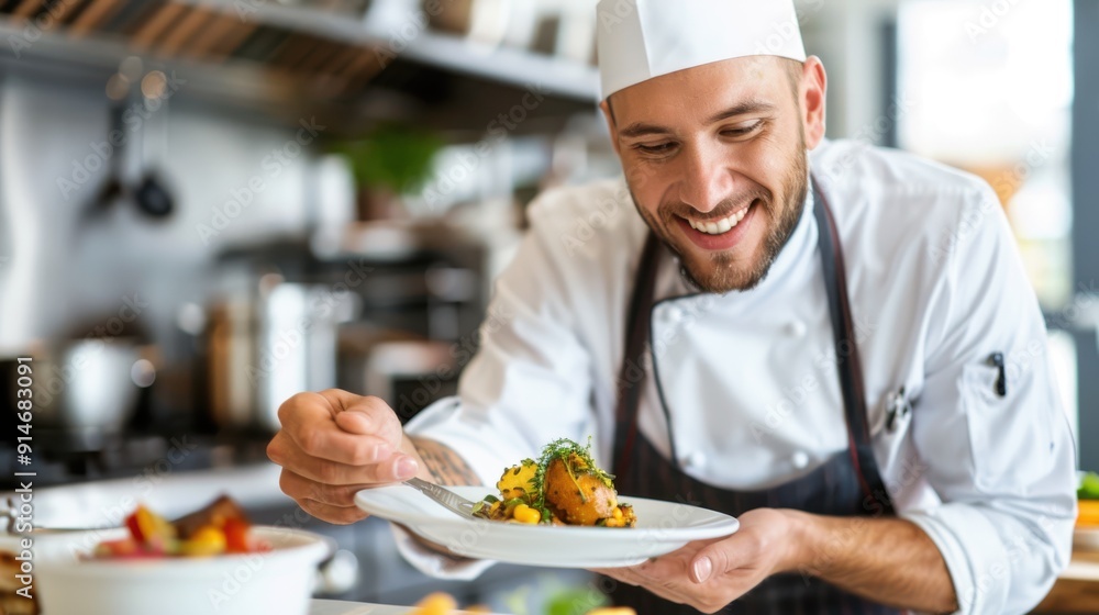 A smiling chef in a bustling kitchen presenting a beautifully plated gourmet dish, showcasing his culinary skills and passion for food, ready to serve to guests. A smiling chef in a bustling kitchen presenting a beautifully plated gourmet dish, showcasing his culinary skills and passion for food, ready to serve to guests.