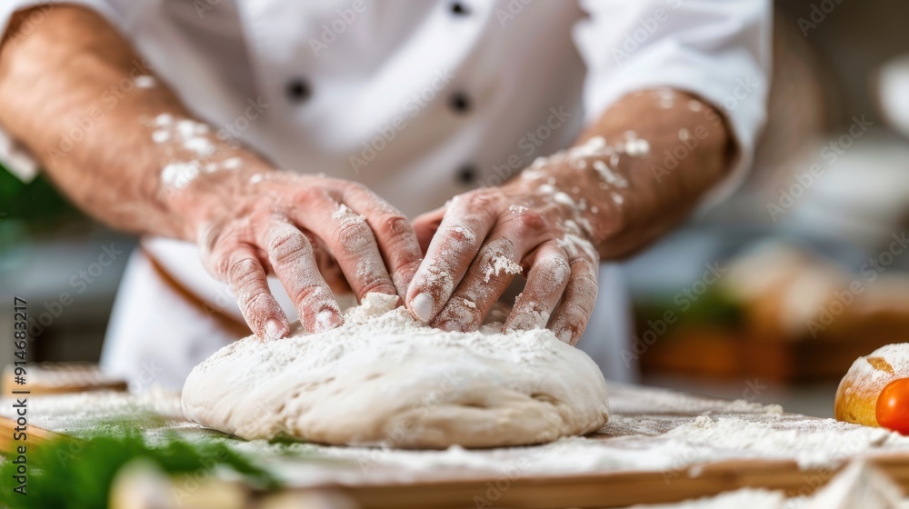 A chef wearing a uniform kneads dough on a flour-covered wooden surface in the kitchen, emphasizing the attention to detail and skill involved in bread making. A chef wearing a uniform kneads dough on a flour-covered wooden surface in the kitchen, emphasizing the attention to detail and skill involved in bread making.