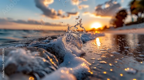 A beautifully captured wave gently crashing onto a sandy shore during a breathtaking sunset, with the warm orange glow highlighting the serene and peaceful coastal landscape. photo