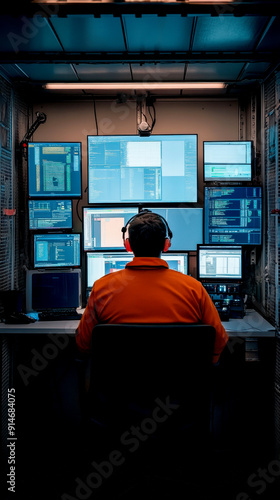 A person in an orange shirt sits in front of multiple monitors, engaged in programming or data analysis in a high-tech environment. photo