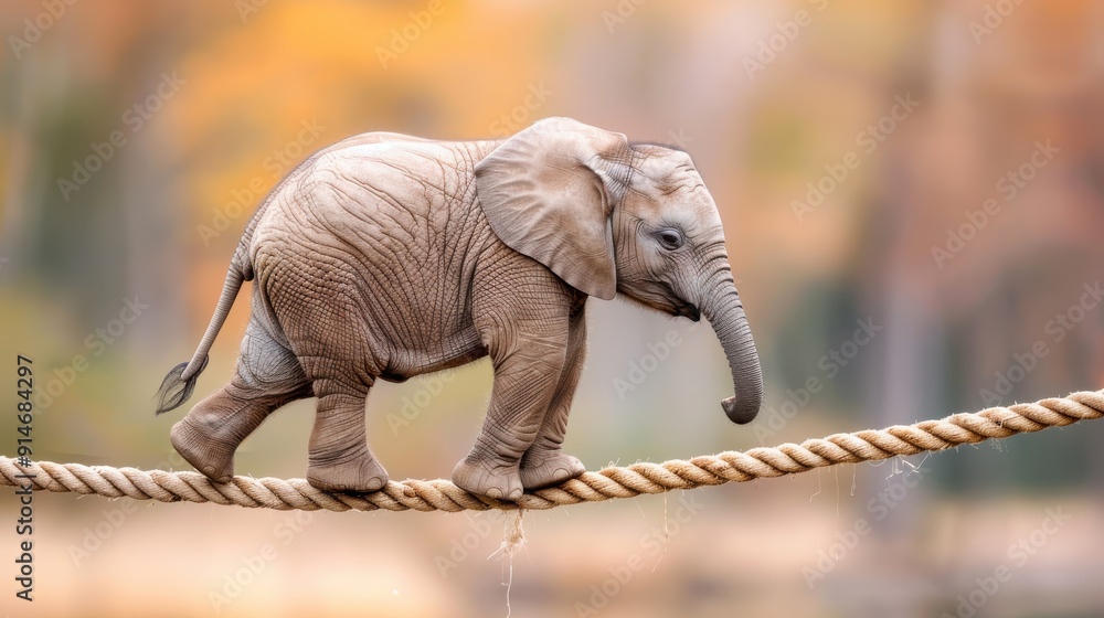 A young elephant is captured meticulously balancing on a rope in a ...