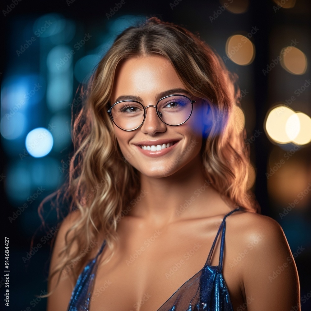 Smiling Woman With Wavy Blonde Hair Wearing Glasses and a Blue Dress in a City at Night Smiling Woman With Wavy Blonde Hair Wearing Glasses and a Blue Dress in a City at Night