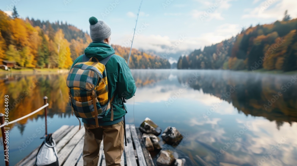 A person wearing a green jacket and plaid backpack fishes on a wooden dock by a calm lake, surrounded by colorful autumn trees, with mist rising from the water. A person wearing a green jacket and plaid backpack fishes on a wooden dock by a calm lake, surrounded by colorful autumn trees, with mist rising from the water.