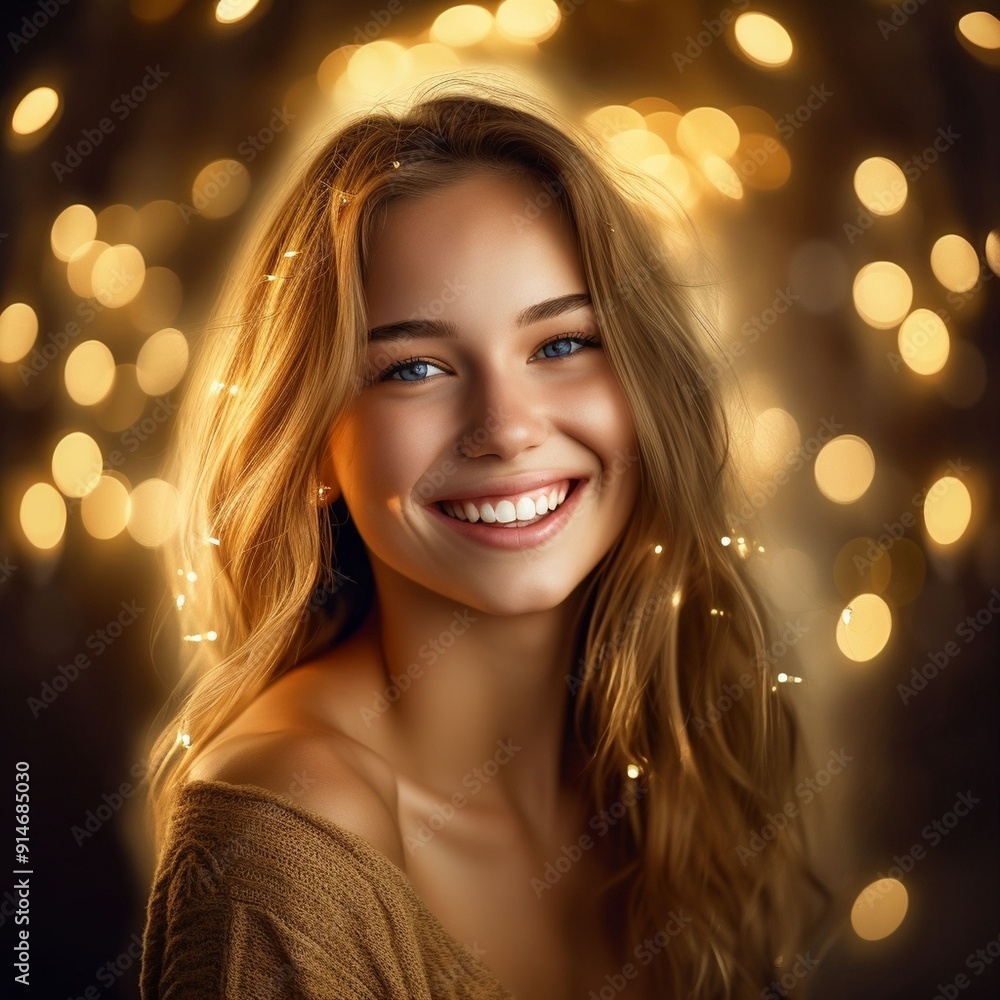 Portrait of a Young Woman Smiling With String Lights Portrait of a Young Woman Smiling With String Lights