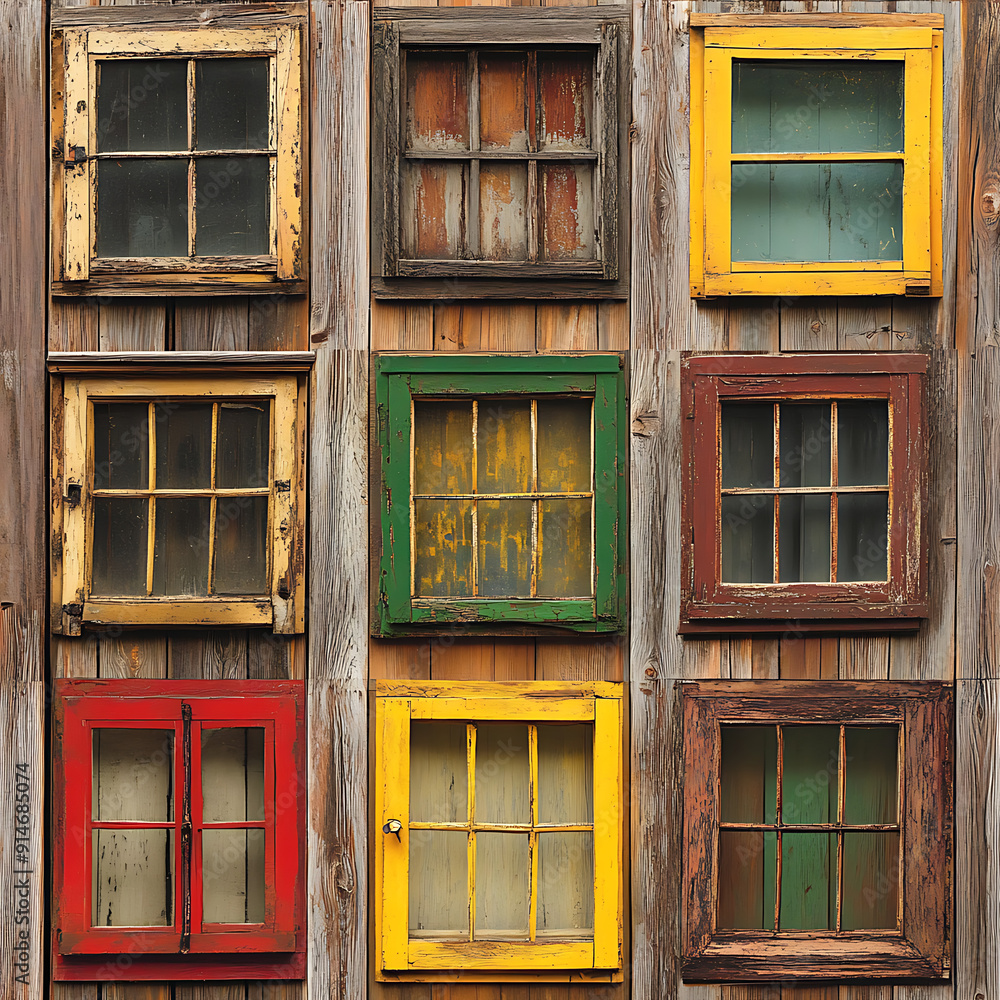 Variety of Old House Windows on Wooden Background