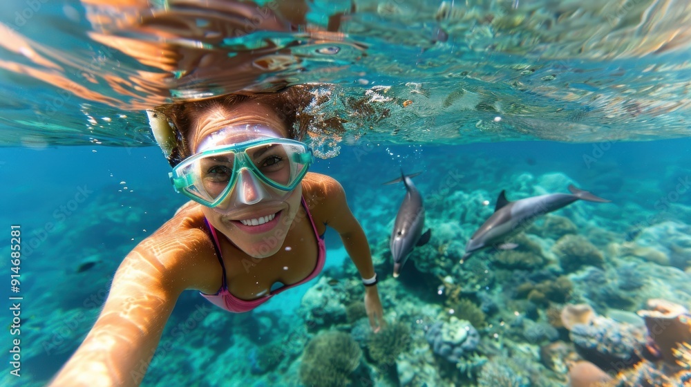 Fototapeta premium A woman snorkeling underwater, showing a wide smile, swims near two dolphins over a beautiful coral reef, capturing the essence of marine adventure and joy.