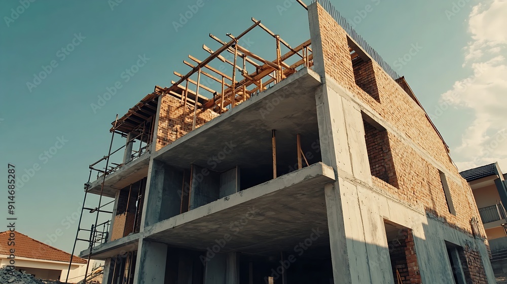 Obraz premium Under construction House or Villas Villas with Concreate Block or bricks Exterior view of 02 story under construction house with modern design under construction Home or house : Generative AI