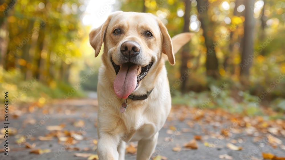 A joyful Yellow Labrador Retriever walks on a forest path during autumn, with golden leaves covering the ground and trees creating a picturesque, serene background. A joyful Yellow Labrador Retriever walks on a forest path during autumn, with golden leaves covering the ground and trees creating a picturesque, serene background.