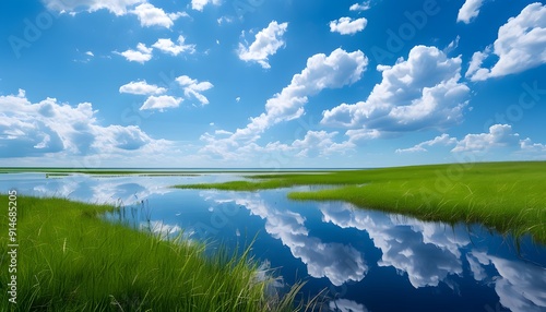 An open grassland reflects the water surface, with blue sky and white clouds reflected in it, making it peaceful and natural.