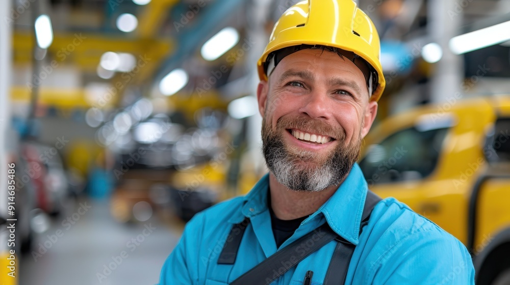 A cheerful construction worker in a yellow helmet and blue uniform stands smiling, exuding satisfaction and pride at the construction site bustling with activity and progress. A cheerful construction worker in a yellow helmet and blue uniform stands smiling, exuding satisfaction and pride at the construction site bustling with activity and progress.