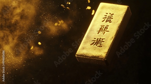 Gold Ingot Chinese Money bar token fly with dust particle in air Chinese new year Yuanbao gold bar floating to golden money sand particle Language is wealthy prosperity Black backgroun : Generative AI