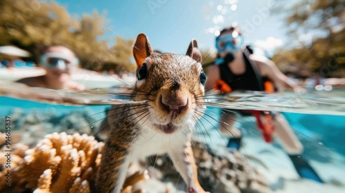 An adventurous squirrel is seen swimming near a coral reef while scuba divers are observed in the background, blending wildlife with underwater sports in a lively display. photo