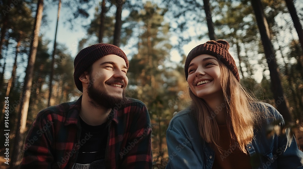 Fototapeta premium Portrait happy young couple friends in woods : Generative AI