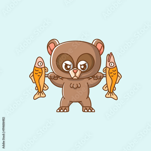 Cute bear lifting fish barbel food kawaii chibi character mascot illustration outline style design