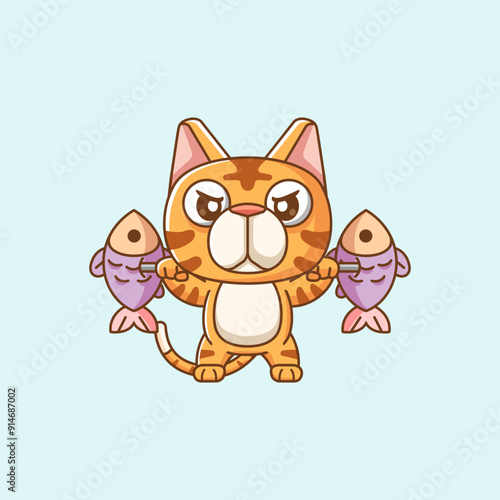 Cute cat lifting fish barbel food kawaii chibi character mascot illustration outline style design