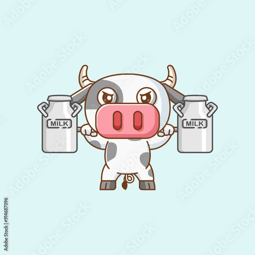 Cute cow lifting milk barbel food kawaii chibi character mascot illustration outline style design