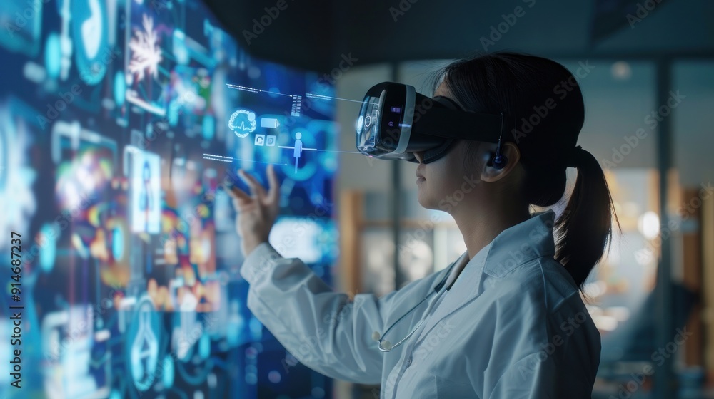 Female Doctor Wearing VR Headset Interacting With Digital Interface Female Doctor Wearing VR Headset Interacting With Digital Interface