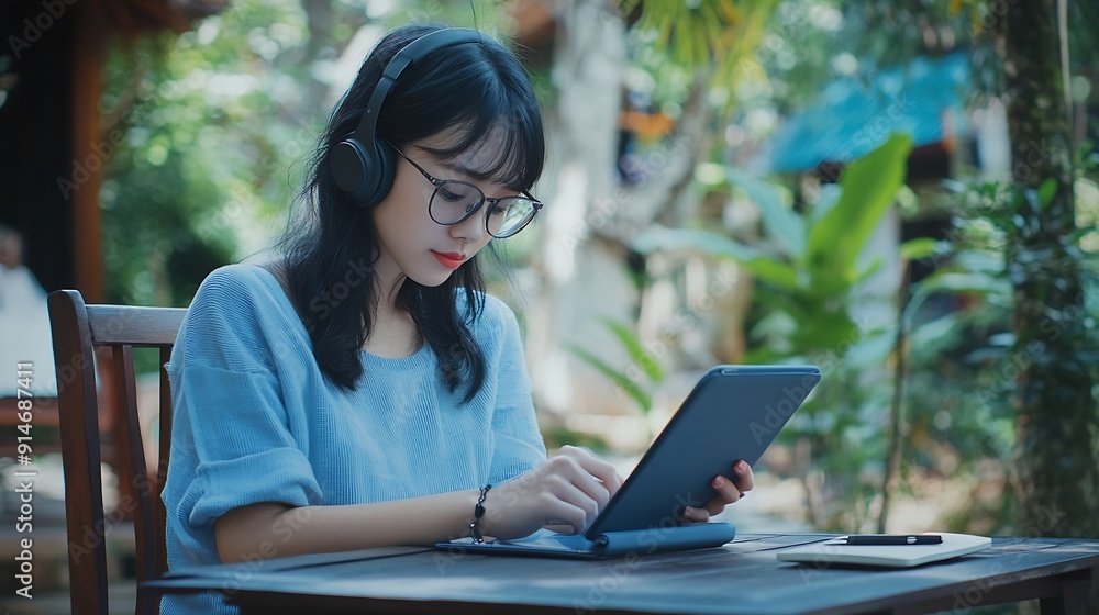 Freelance digital nomad work and study people concept Young adult asian woman wear eyeglasses and headphone using tablet Sit on outdoor wooden table Blue theme colour outfit : Generative AI Freelance digital nomad work and study people concept Young adult asian woman wear eyeglasses and headphone using tablet Sit on outdoor wooden table Blue theme colour outfit : Generative AI