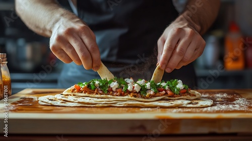 Fast food Worker Assembling a Flat bread Sandwich in a Restaurant Cook working in a diner making middle eastern street food : Generative AI