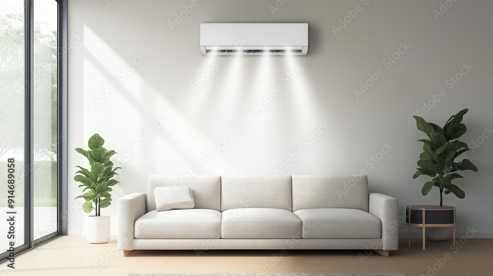 Fototapeta premium Modern Living Room with Efficient Air Conditioning System - Stylish Blue Sofa Interior Design