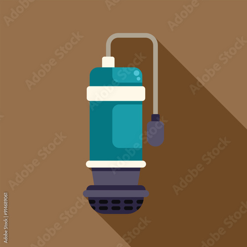 Submersible water pump for deep wells extracting water with long shadow on brown background
