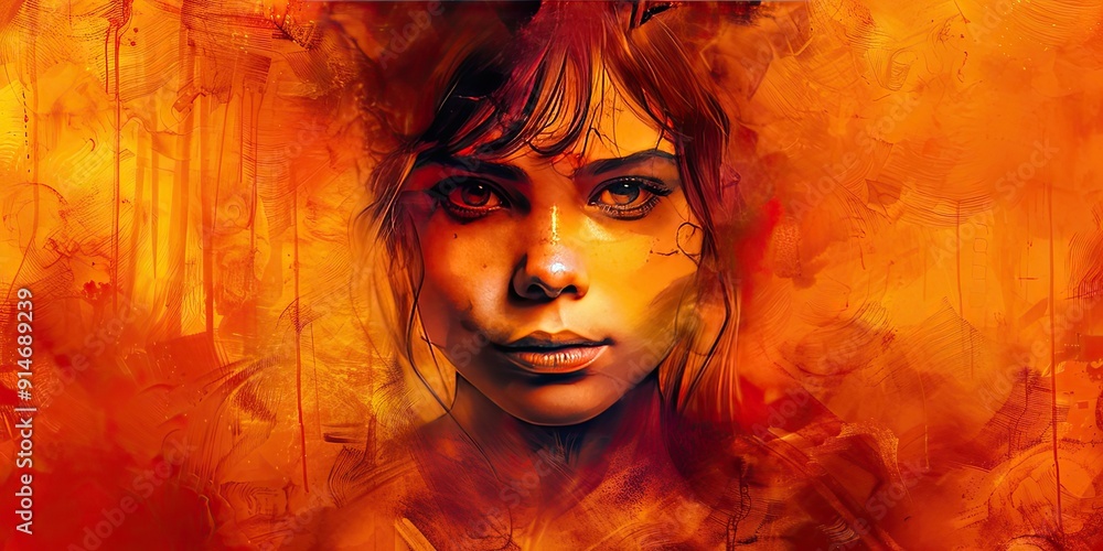 A mesmerizing portrait of a woman amidst vibrant orange and red hues in an artistic expression of emotion and strength A mesmerizing portrait of a woman amidst vibrant orange and red hues in an artistic expression of emotion and strength