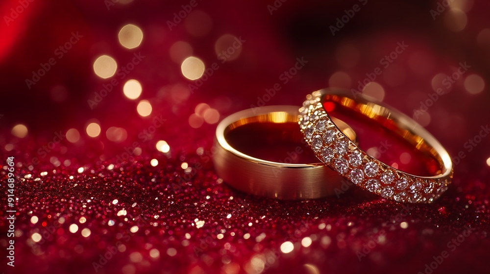 Shiny golden rings with crystals placed on red glance surface before wedding ceremony : Generative AI Shiny golden rings with crystals placed on red glance surface before wedding ceremony : Generative AI