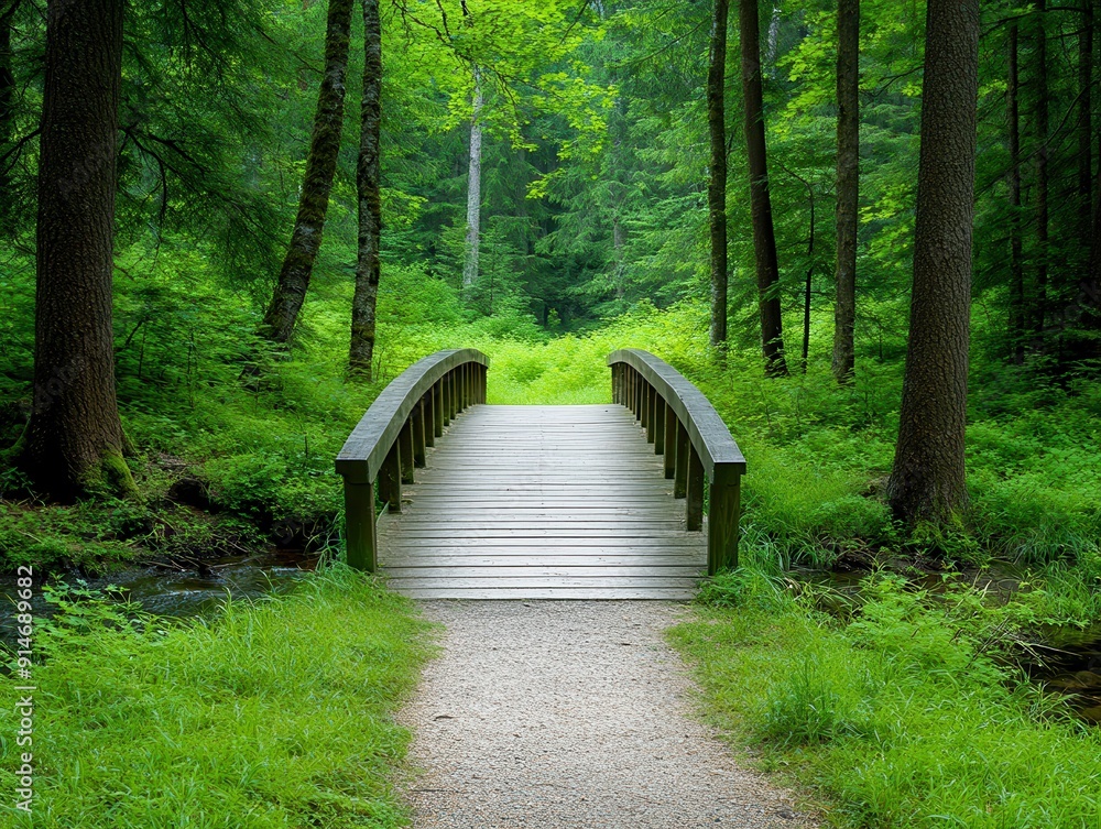 Serene Forest Path Leading to Wooden Bridge Serene Forest Path Leading to Wooden Bridge