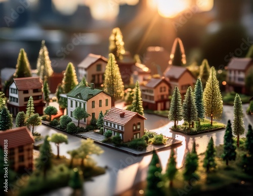 urban view with mini buildings filled with green trees