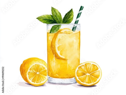 A vibrant hand painted watercolor of a cheerful refreshing glass of lemonade perfect for summer parties picnics or any warm weather occasion  The transparent glass filled with a bright yellow