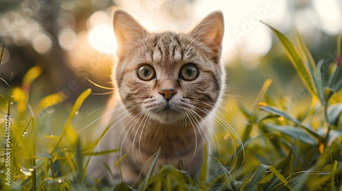 Scottish Fold Cat in a Sunlit Field of Green Grass photo