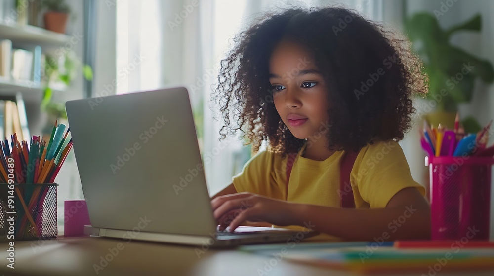 Biracial girl focuses on her laptop at home shes engaged in an elearning session surrounded by school supplies : Generative AI Biracial girl focuses on her laptop at home shes engaged in an elearning session surrounded by school supplies : Generative AI