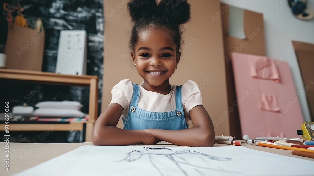 Cute African little girl showing drawing sketching clothing design on paper at tailor room cozy home as her career dream smiling with happiness and fun Leisure Lifestyle Education Kid : Generative AI Cute African little girl showing drawing sketching clothing design on paper at tailor room cozy home as her career dream smiling with happiness and fun Leisure Lifestyle Education Kid : Generative AI