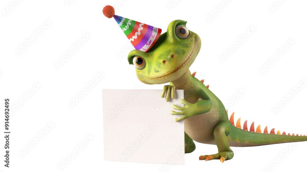 Naklejka premium Birthday lizard holding a blank sign on transparent background