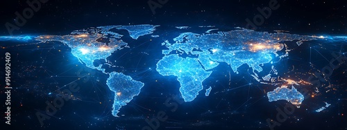 Wallpaper Mural Blue abstract digital map of world map with lines and dots connected. Suitable for travel, navigation, cartography, geography, cyber technology concepts, data transfer and business information network Torontodigital.ca