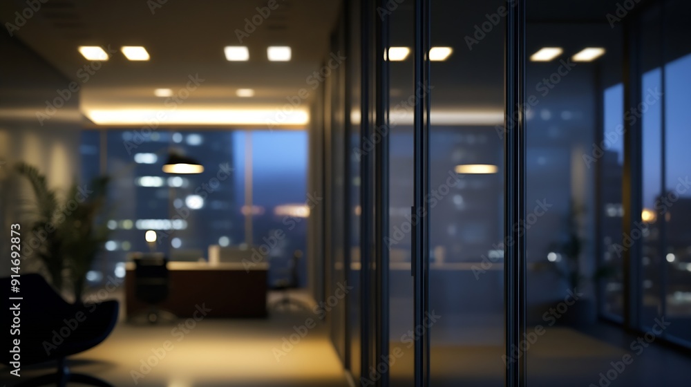 Blurring the Background in a Modern Office Interior night light effect : Generative AI Blurring the Background in a Modern Office Interior night light effect : Generative AI
