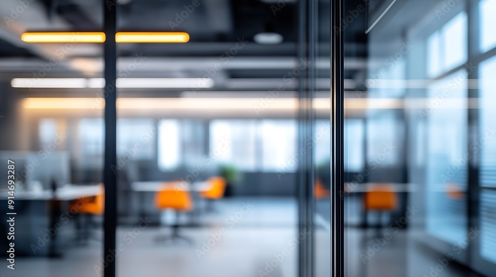 Beautiful blurred background of a modern office interior in gray tones with panoramic windows glass partitions and orange color accents : Generative AI Beautiful blurred background of a modern office interior in gray tones with panoramic windows glass partitions and orange color accents : Generative AI