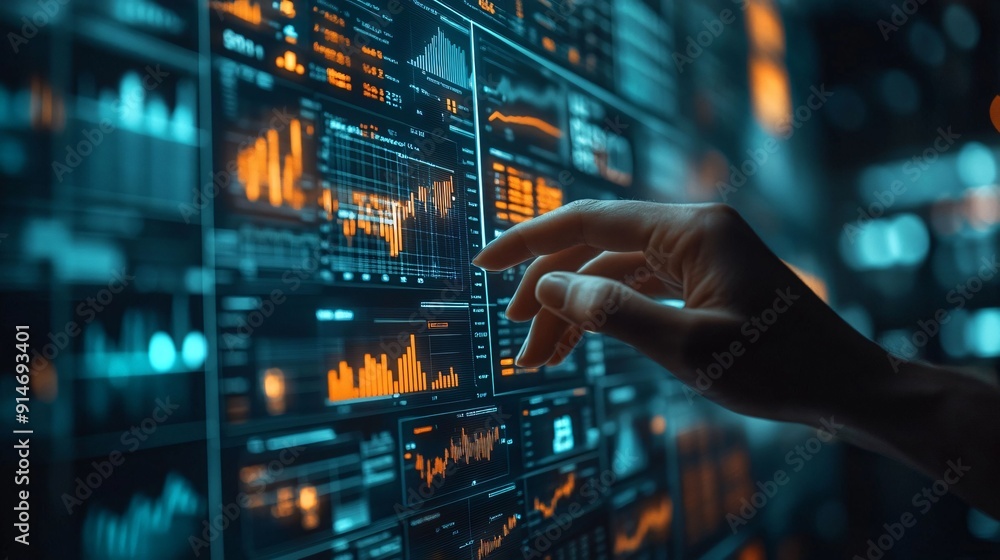 A hand interacting with a high-tech financial dashboard, analyzing real-time data and charts, showcasing modern technology in finance. A hand interacting with a high-tech financial dashboard, analyzing real-time data and charts, showcasing modern technology in finance.