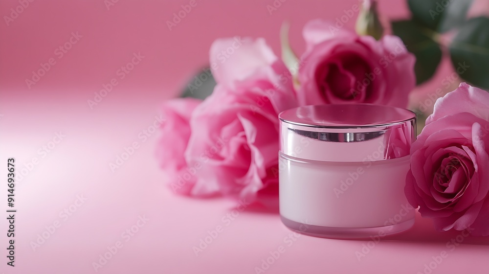 Two jars of unbranded lotion are placed next to fresh roses with a bright pink background Ideal space for advertising skin beauty cosmetic products : Generative AI Two jars of unbranded lotion are placed next to fresh roses with a bright pink background Ideal space for advertising skin beauty cosmetic products : Generative AI