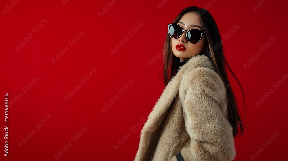Fashionable confident Asian woman wearing chic fur jacket sunglasses and black boots in perfect slim shape on isolated red background in studio Cosmetics femininity : Generative AI Fashionable confident Asian woman wearing chic fur jacket sunglasses and black boots in perfect slim shape on isolated red background in studio Cosmetics femininity : Generative AI
