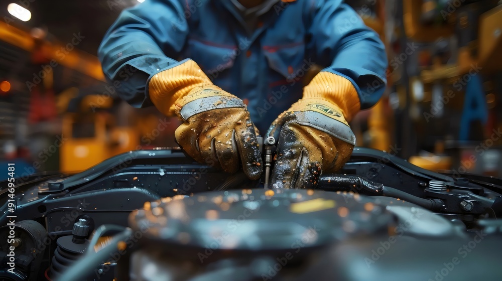 A man in a blue shirt and yellow gloves is working on a car engine A man in a blue shirt and yellow gloves is working on a car engine