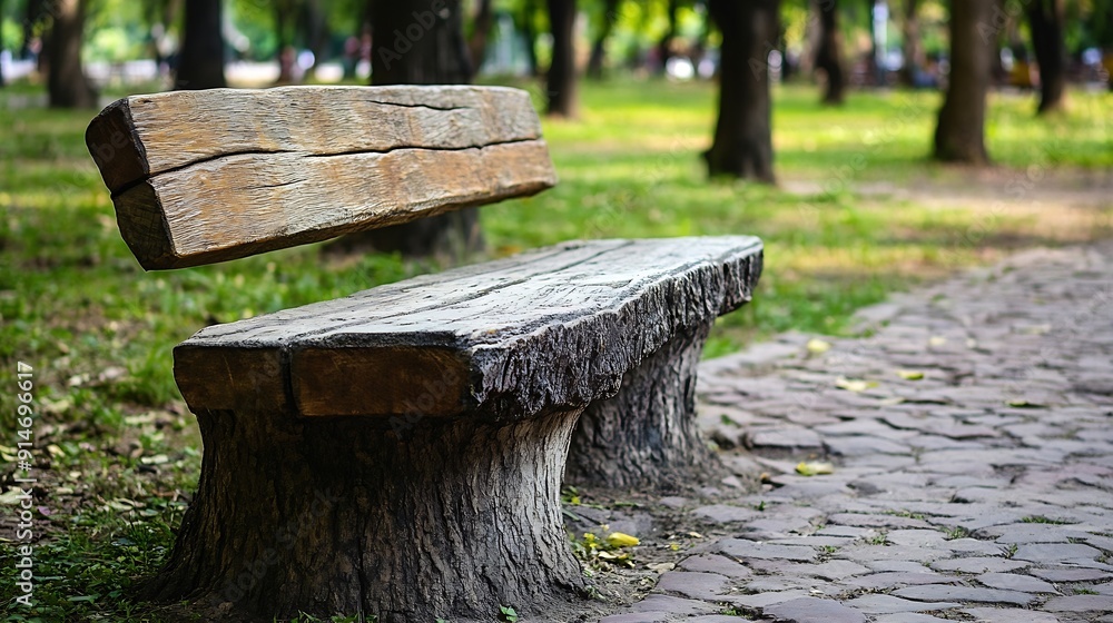 Naklejka premium Old Shabby Wooden Bench in Park Made of a Single Tree Trunk Outdoor Architecture Wood Benches Outdoor Chair Public Furniture Rustic Bench in Recreation Area : Generative AI