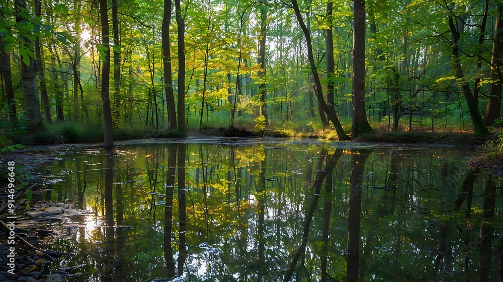 Obraz premium Sunlit Forest Pond Reflection