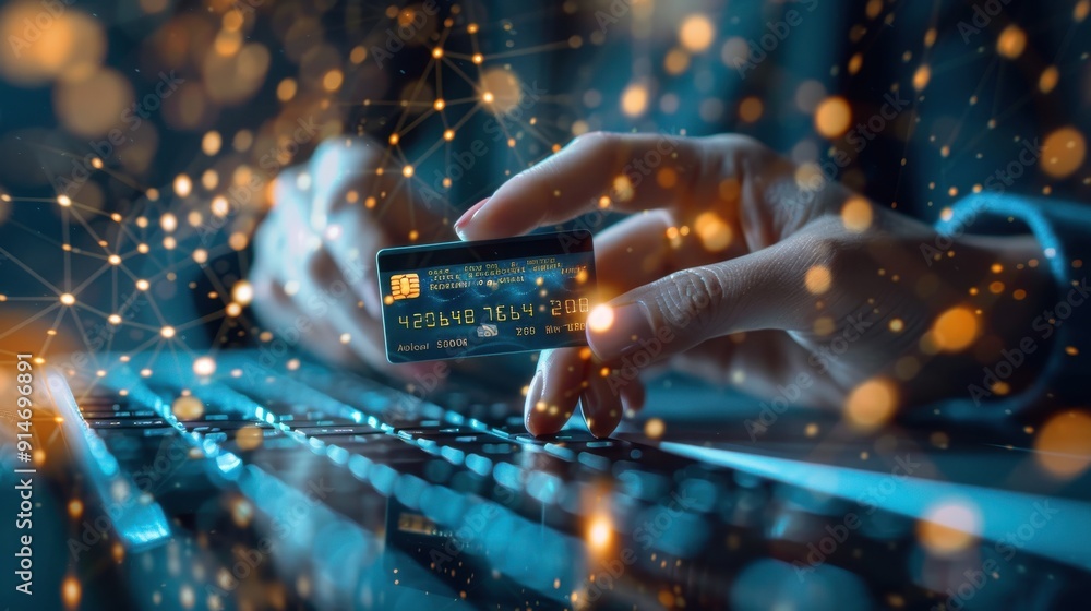 Show a digital credit card being used in an online banking interface, with global network connections in the background Show a digital credit card being used in an online banking interface, with global network connections in the background