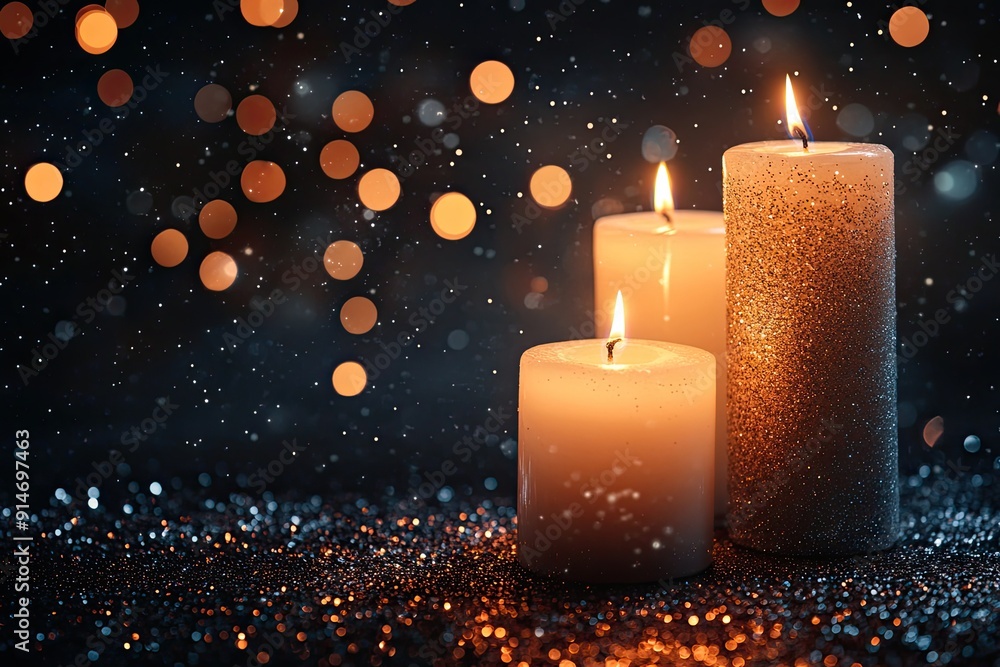 Three candles glow brightly in a dark room. This photo captures a moment of peace and tranquility, perfect for a meditation or relaxation website. Three candles glow brightly in a dark room. This photo captures a moment of peace and tranquility, perfect for a meditation or relaxation website.