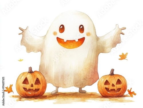 Cheerful and Friendly Watercolor of a Halloween Ghost Character Floating Over a White Background  Festive and Whimsical Spooky Supernatural Icon for October Holiday Decor and Design photo