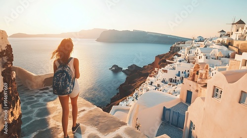 Digital nomad freelancer woman as running remotely with bright scenic view of the Mediterranean Sea Oia SantoriniGreece : Generative AI photo