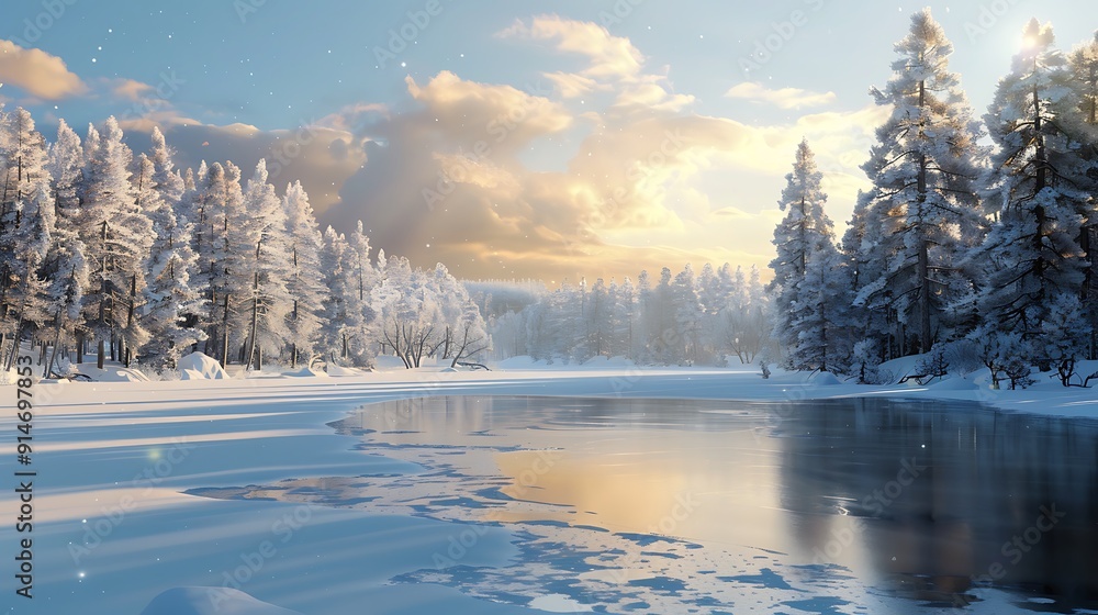 Fototapeta premium Snowy Winter Wonderland with a Frozen Lake